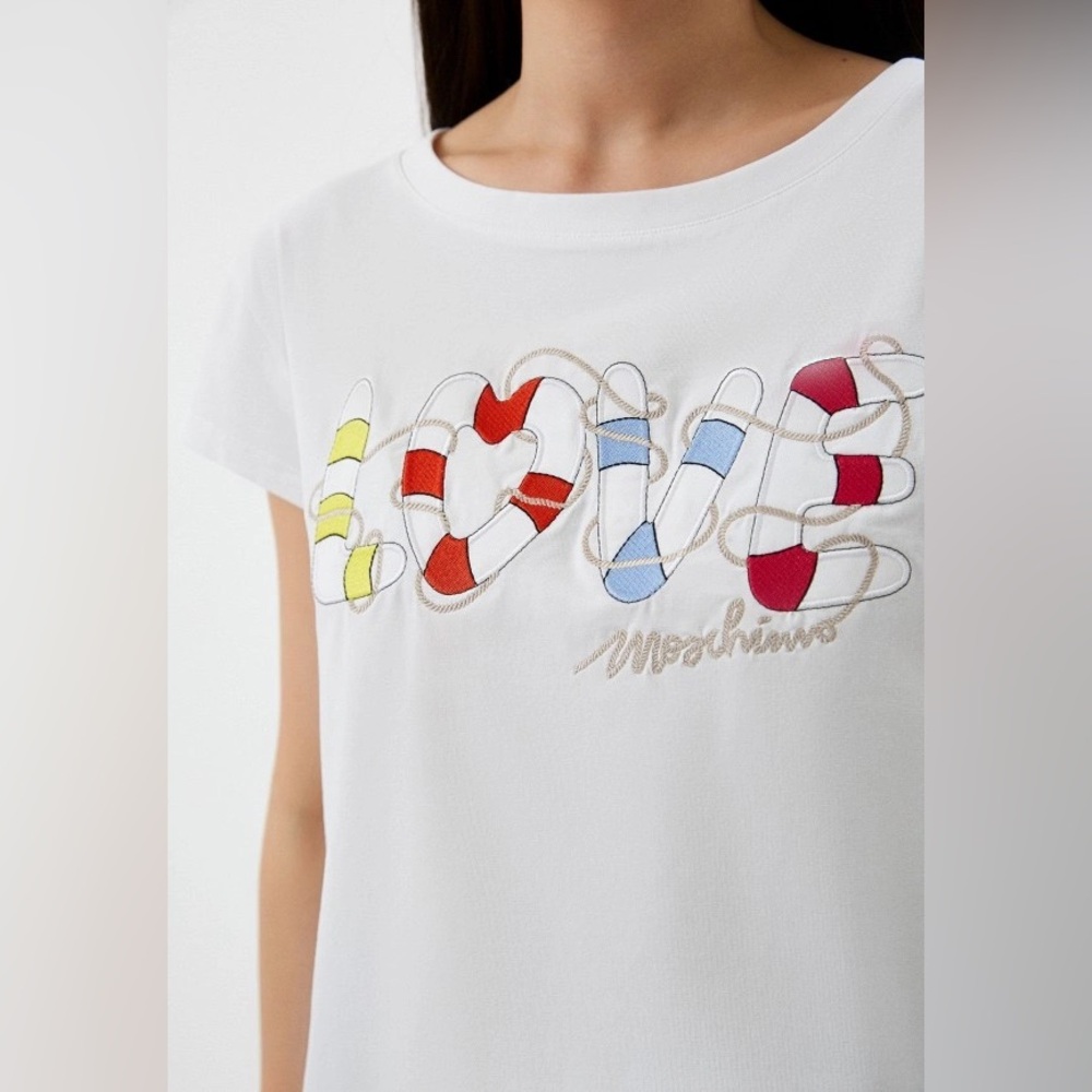 Love Moschino T-Shirt White Cotton Embroidered Love Nautical Graphic Womens 6